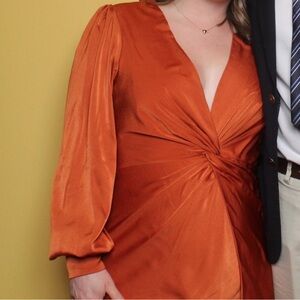 Showpo Rust Orange Satin Twist-Front Dress